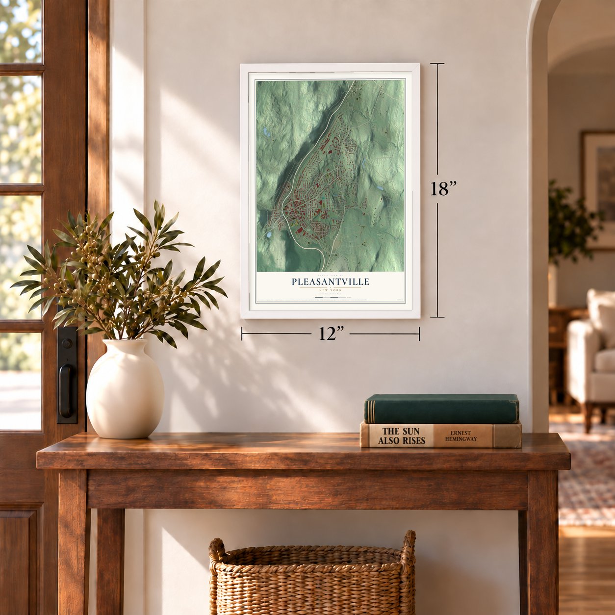 Pleasantville, New York map, 12 x 18 inch print in a white frame in an entryway