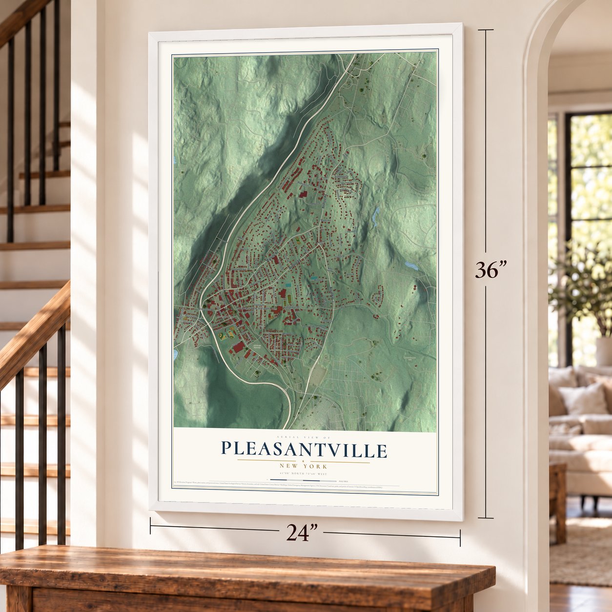 Pleasantville, New York map, 24 x 36 inch print in a white frame by a staircase
