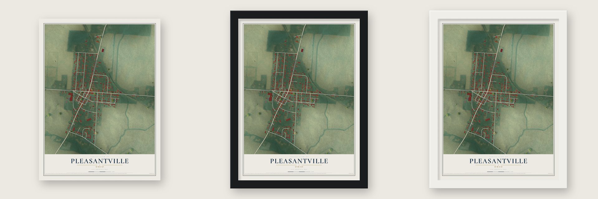 Pleasantville, Ohio map unframed, in a black wood frame and in a white wood frame
