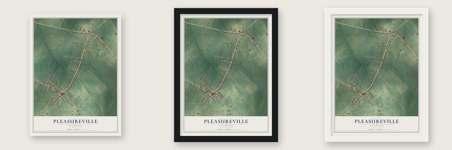 Pleasureville, Kentucky map unframed, in a black wood frame and in a white wood frame