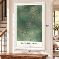 Pleasureville, Kentucky map, 24 x 36 inch print in a white frame by a staircase