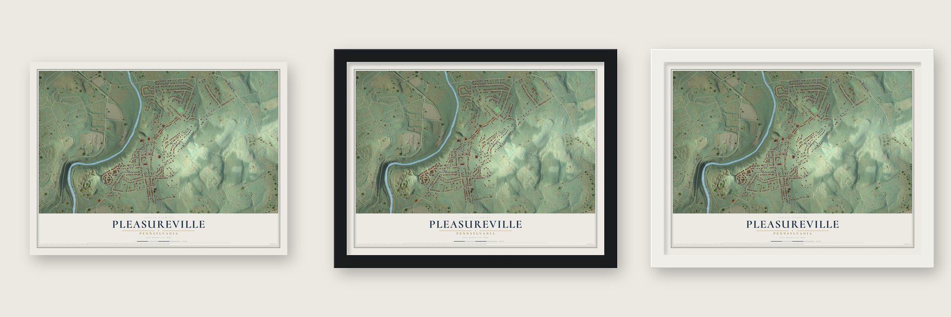 Pleasureville, Pennsylvania map unframed, in a black wood frame and in a white wood frame