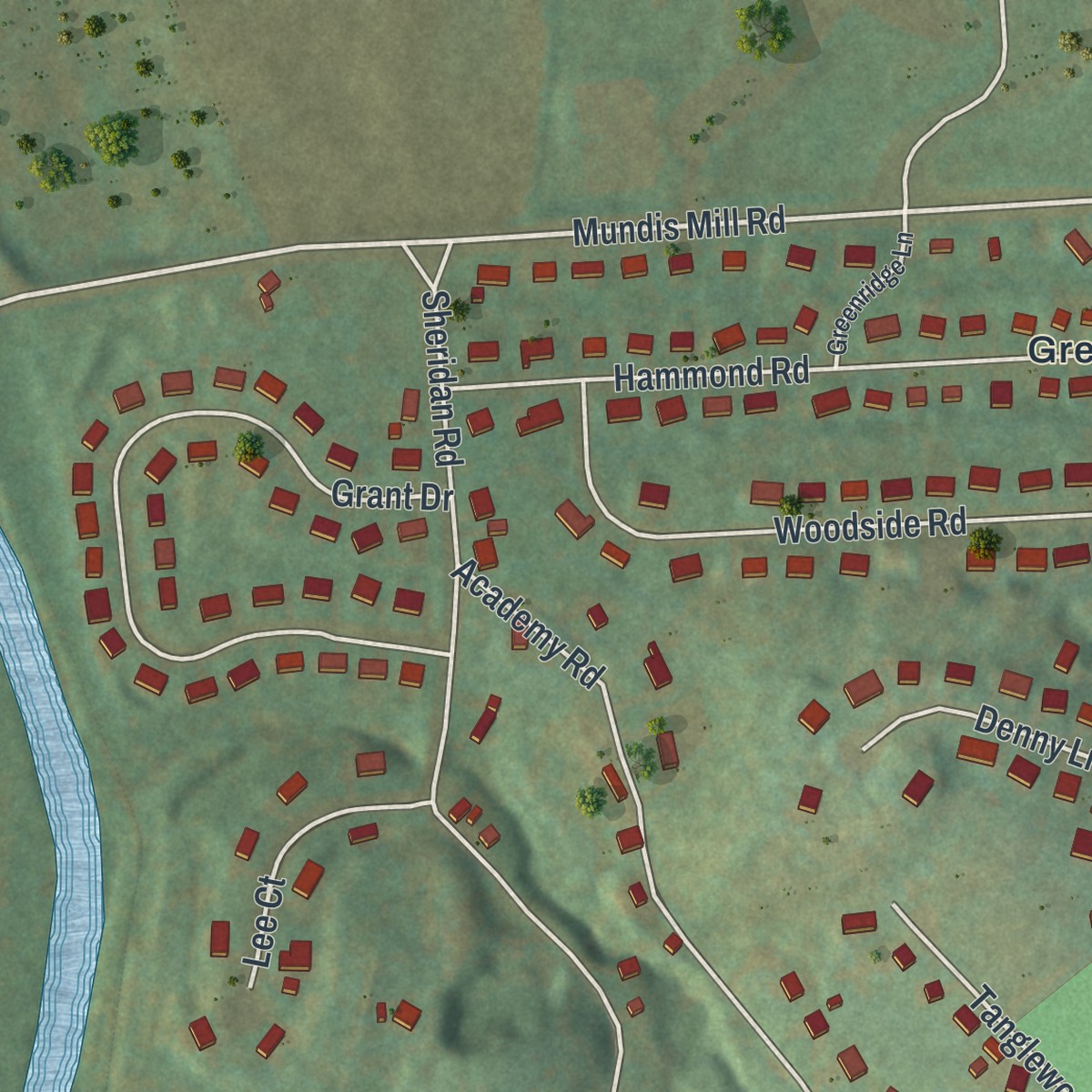 Second close-up of the map of Pleasureville, Pennsylvania print showing more streets and buildings