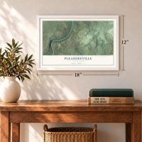 Pleasureville, Pennsylvania map, 12 x 18 inch print in a white frame in an entryway