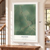 Plessis, New York map, 24 x 36 inch print in a white frame by a staircase