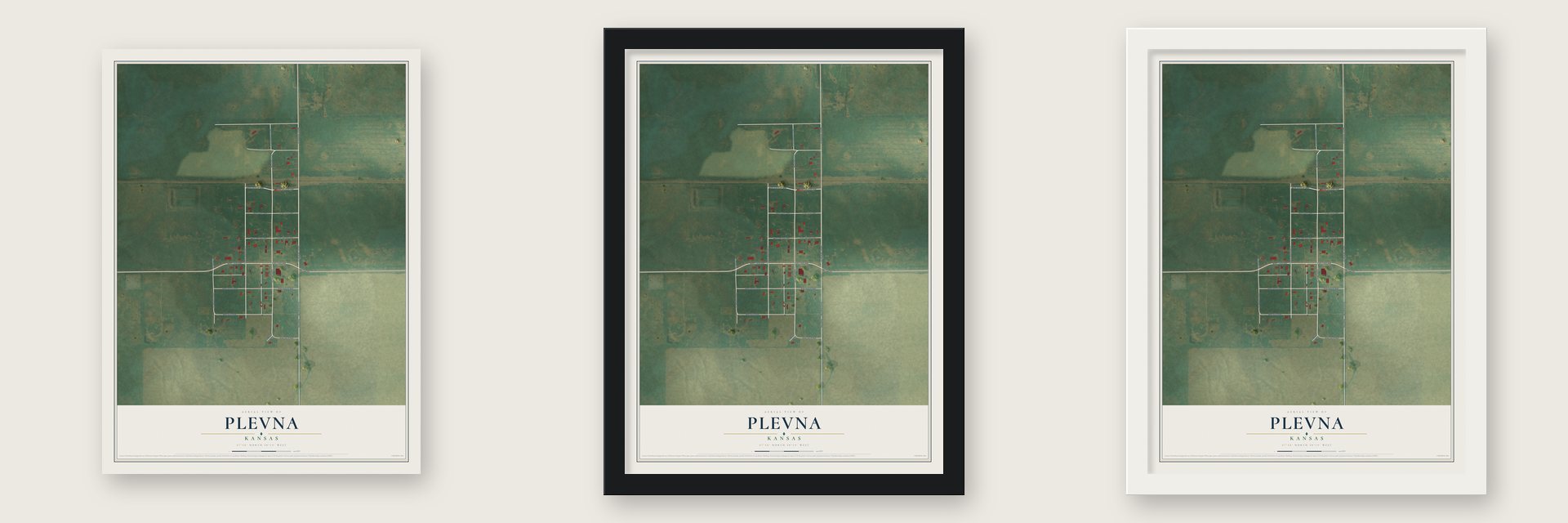 Plevna, Kansas map unframed, in a black wood frame and in a white wood frame