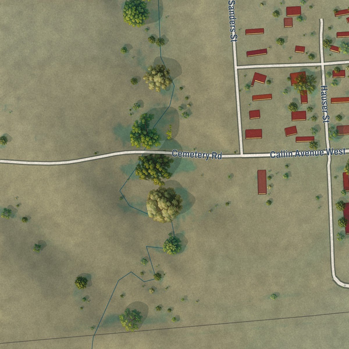 Second close-up of the map of Plevna, Montana print showing more streets and buildings