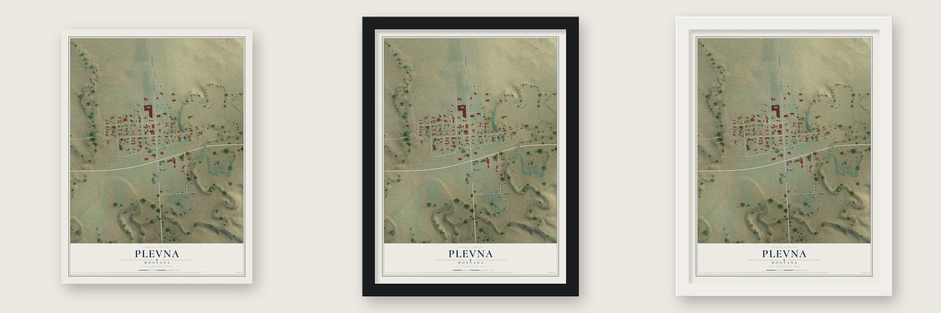 Plevna, Montana map unframed, in a black wood frame and in a white wood frame