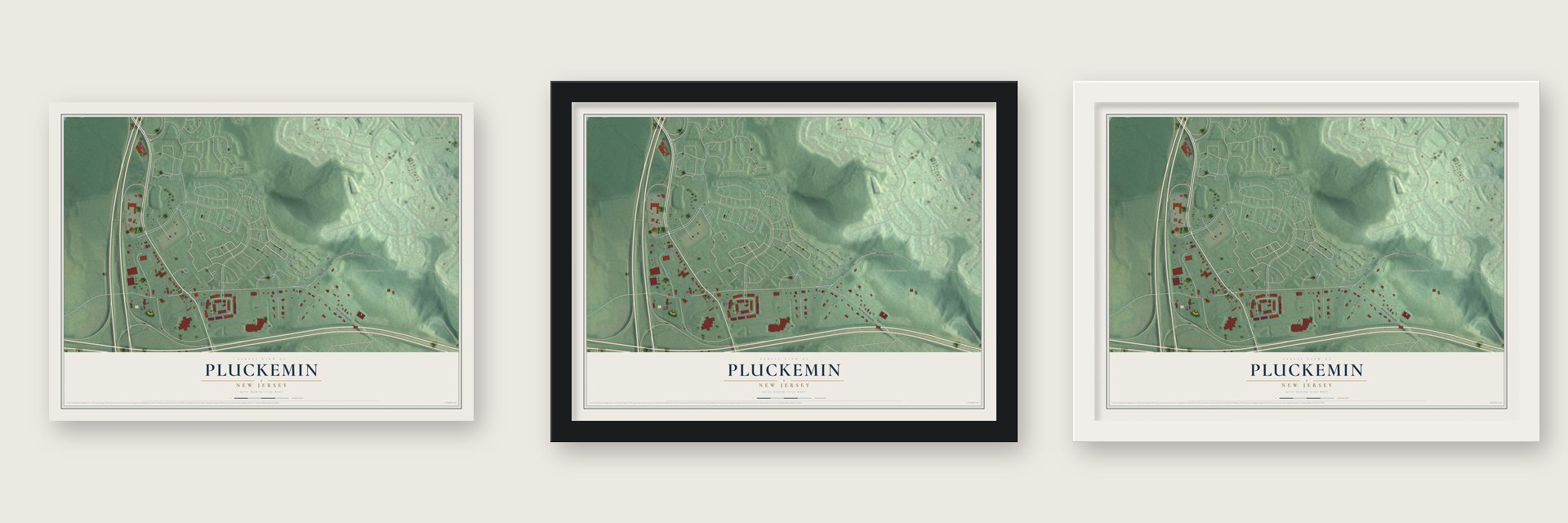 Pluckemin, New Jersey map unframed, in a black wood frame and in a white wood frame