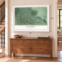 Pluckemin, New Jersey map, 24 x 36 inch print in a white frame above a dresser by a staircase