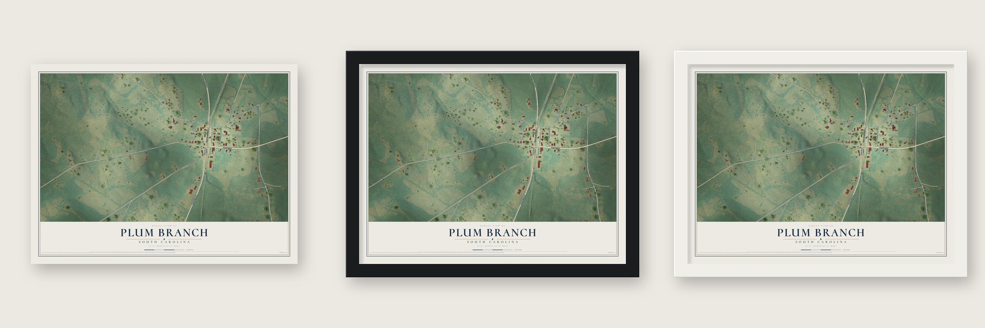 Plum Branch, South Carolina map unframed, in a black wood frame and in a white wood frame