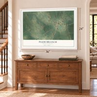 Plum Branch, South Carolina map, 24 x 36 inch print in a white frame above a dresser by a staircase