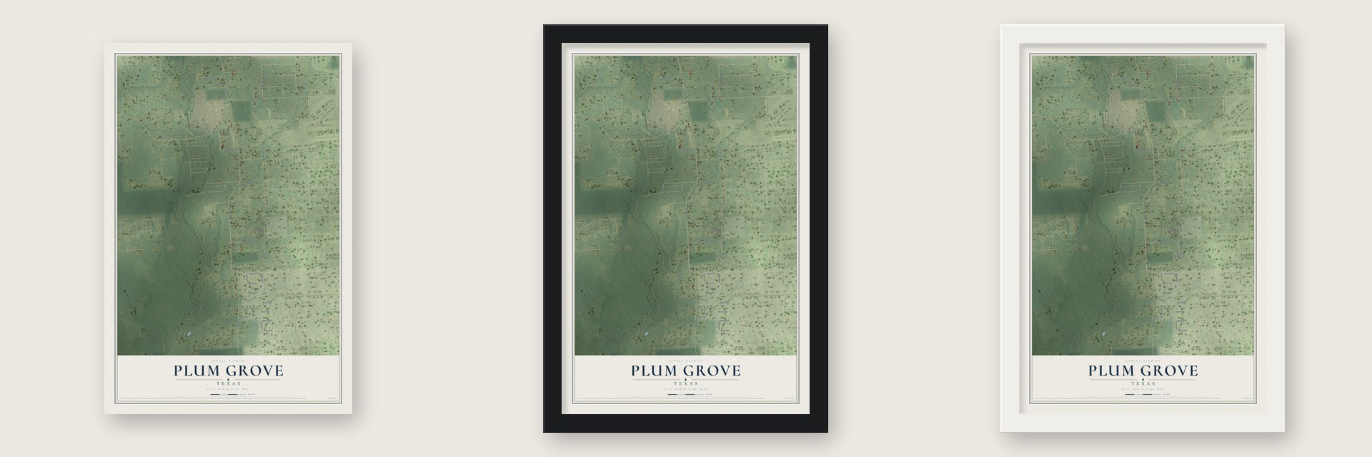 Plum Grove, Texas map unframed, in a black wood frame and in a white wood frame