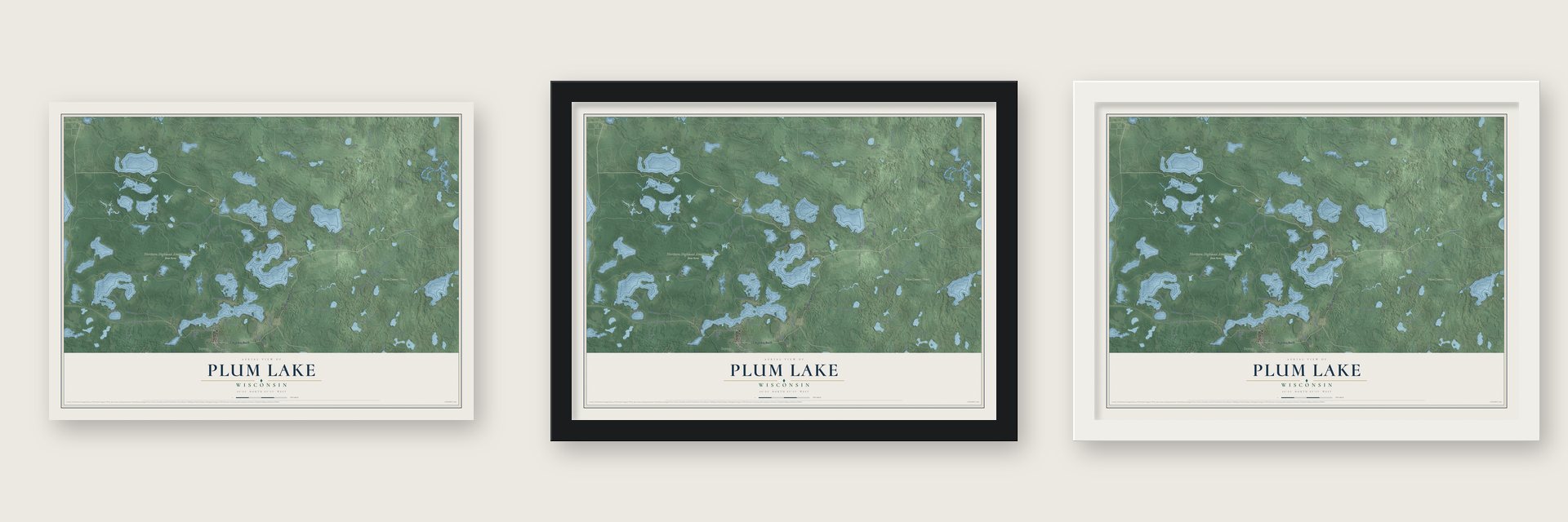 Plum Lake, Wisconsin map unframed, in a black wood frame and in a white wood frame