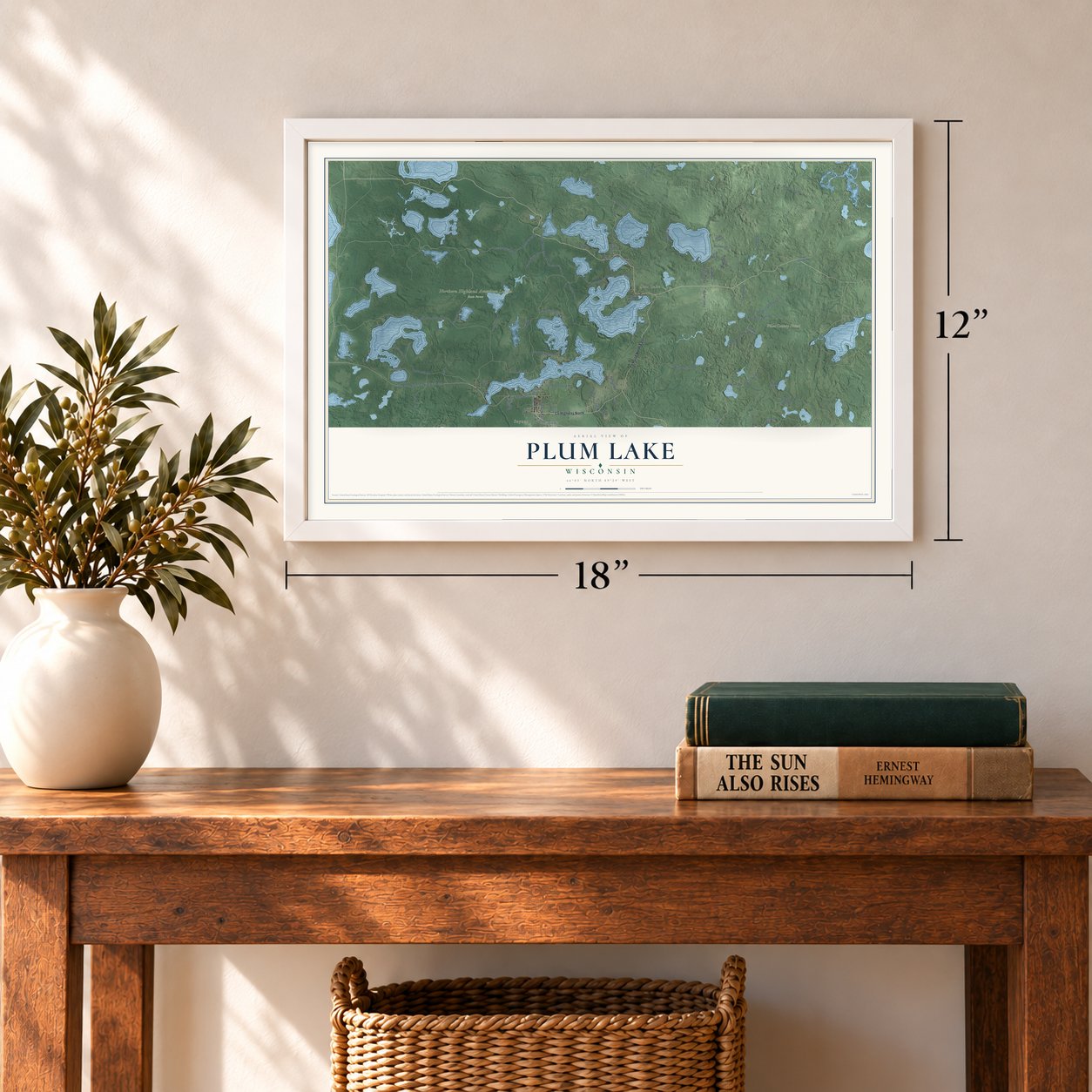 Plum Lake, Wisconsin map, 12 x 18 inch print in a white frame in an entryway