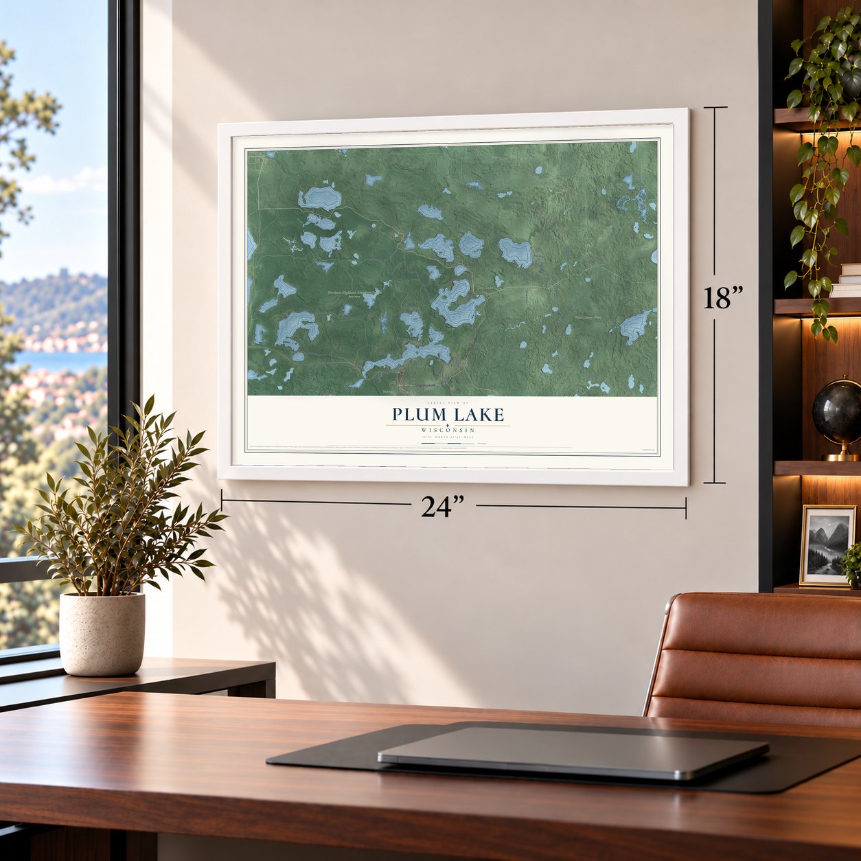 Plum Lake, Wisconsin map, 18 x 24 inch print in a white frame in a home office