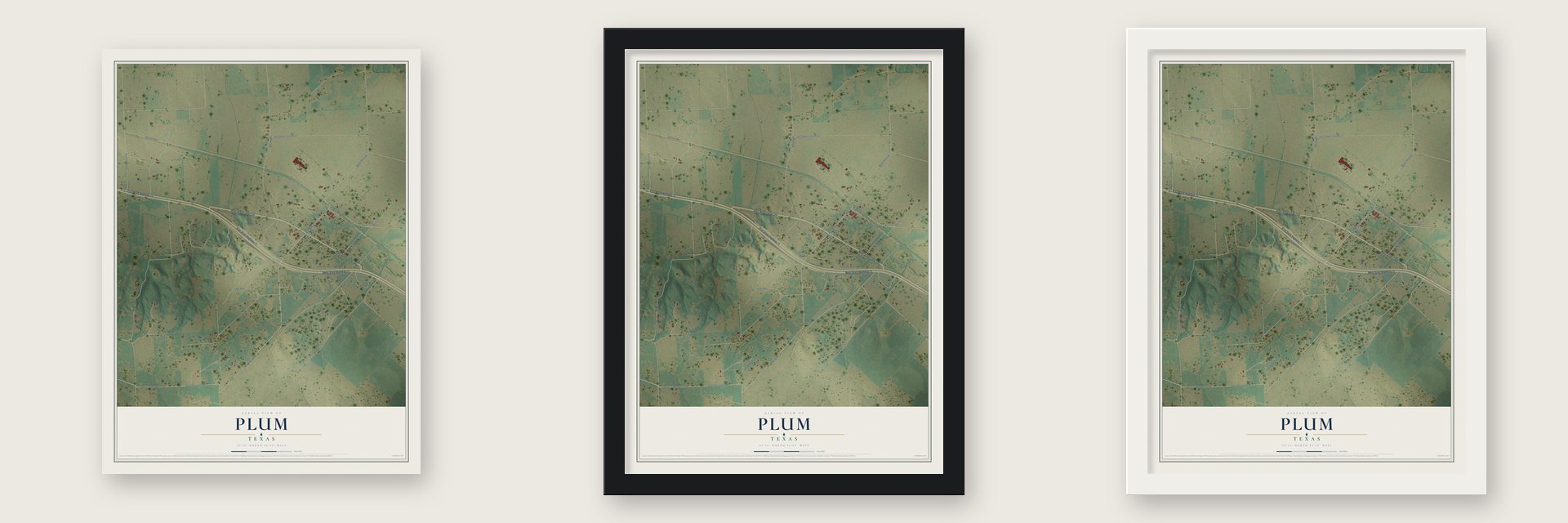 Plum, Texas map unframed, in a black wood frame and in a white wood frame