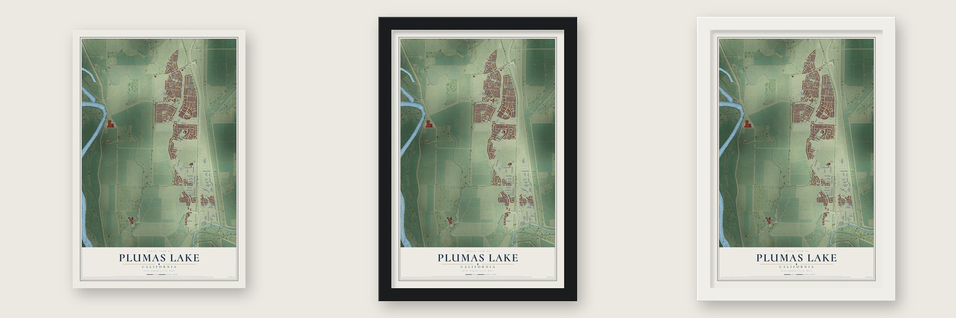 Plumas Lake, California map unframed, in a black wood frame and in a white wood frame