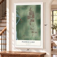 Plumas Lake, California map, 24 x 36 inch print in a white frame by a staircase