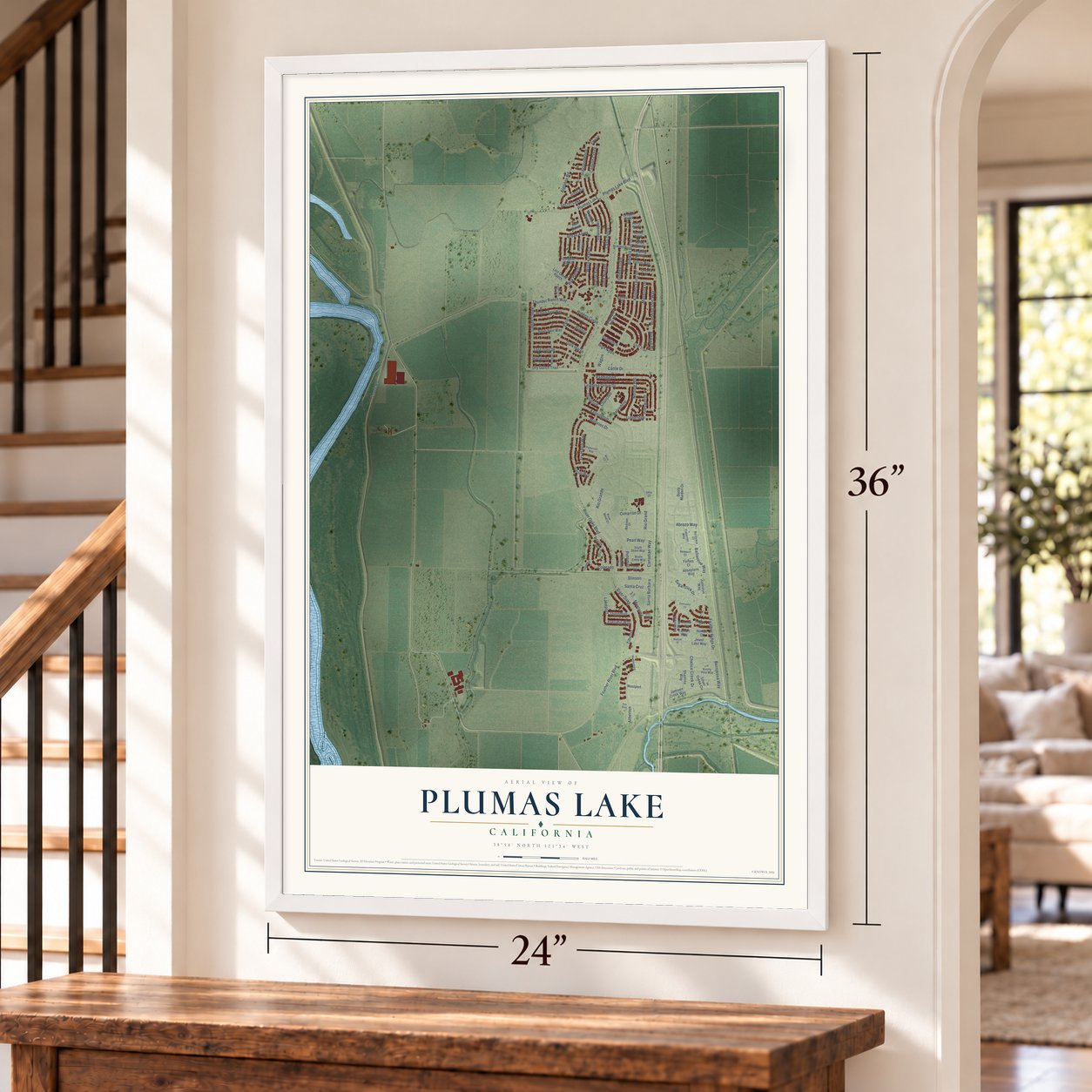 Plumas Lake, California map, 24 x 36 inch print in a white frame by a staircase