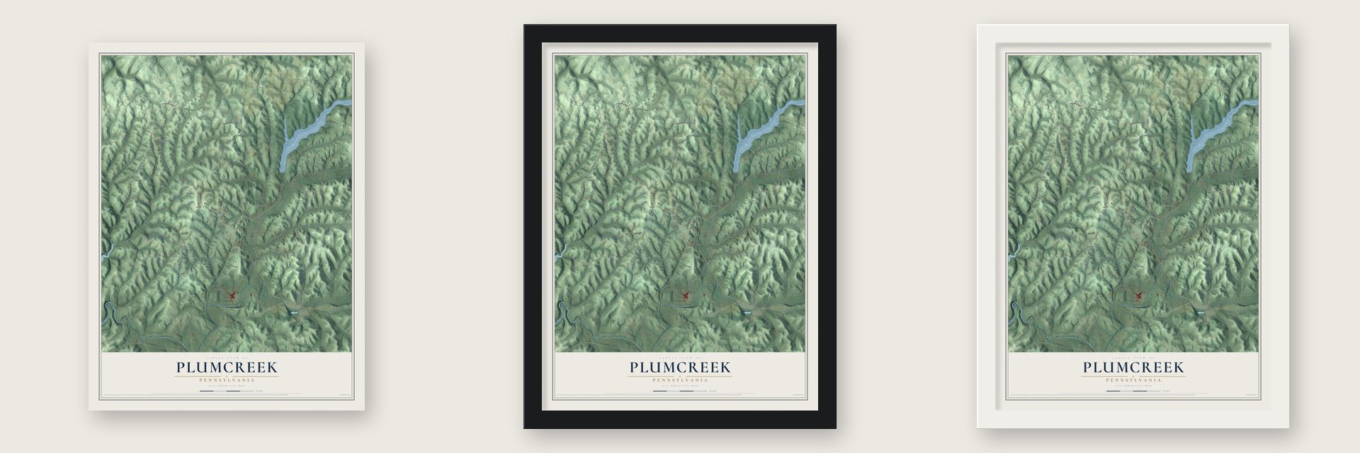 Plumcreek, Pennsylvania map unframed, in a black wood frame and in a white wood frame