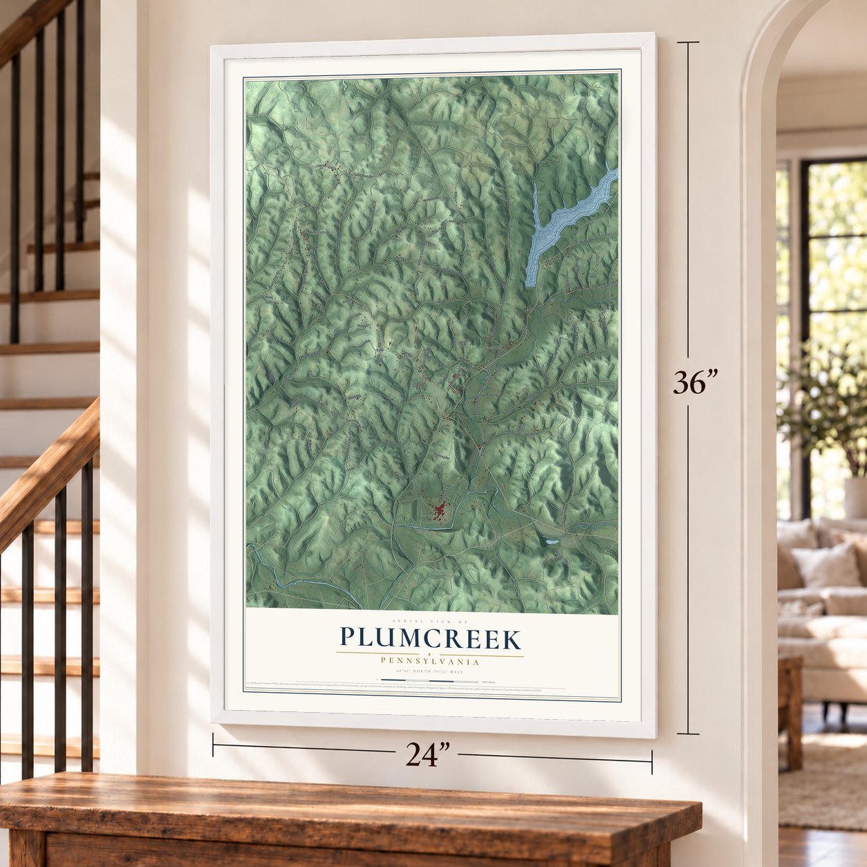 Plumcreek, Pennsylvania map, 24 x 36 inch print in a white frame by a staircase