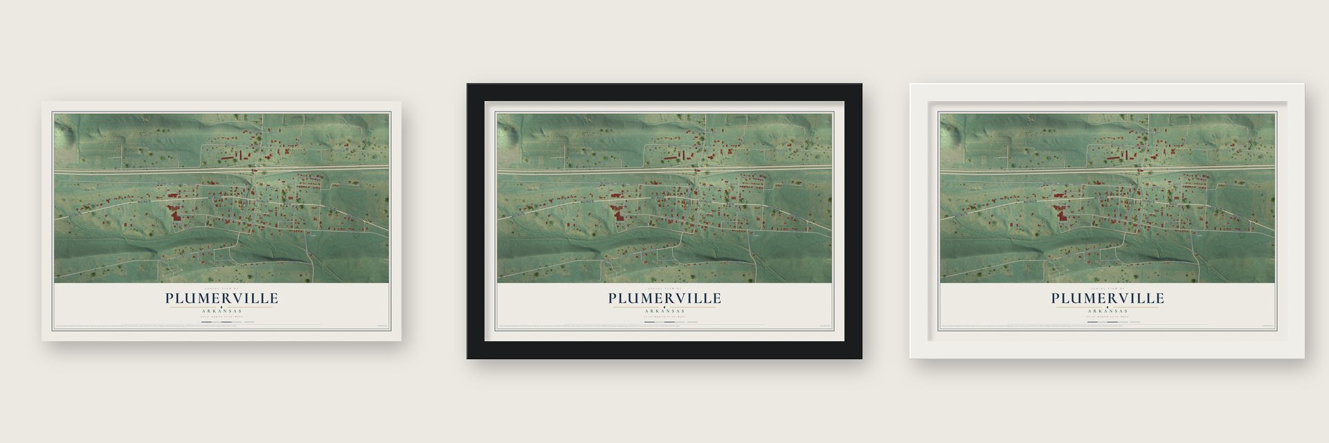 Plumerville, Arkansas map unframed, in a black wood frame and in a white wood frame