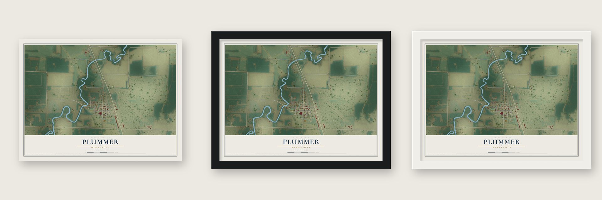 Plummer, Minnesota map unframed, in a black wood frame and in a white wood frame