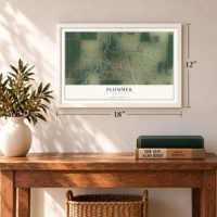 Plummer, Minnesota map, 12 x 18 inch print in a white frame in an entryway