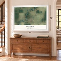 Plummer, Minnesota map, 24 x 36 inch print in a white frame above a dresser by a staircase