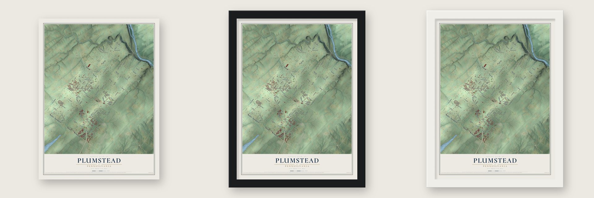 Plumstead, Pennsylvania map unframed, in a black wood frame and in a white wood frame