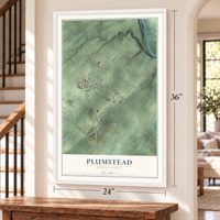 Plumstead, Pennsylvania map, 24 x 36 inch print in a white frame by a staircase