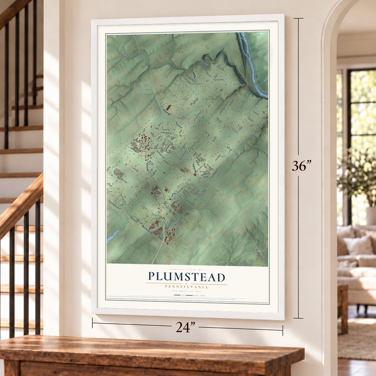Plumstead, Pennsylvania map, 24 x 36 inch print in a white frame by a staircase