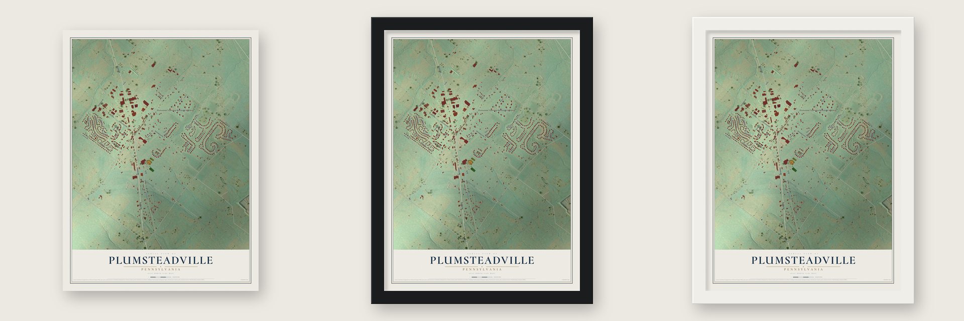 Plumsteadville, Pennsylvania map unframed, in a black wood frame and in a white wood frame