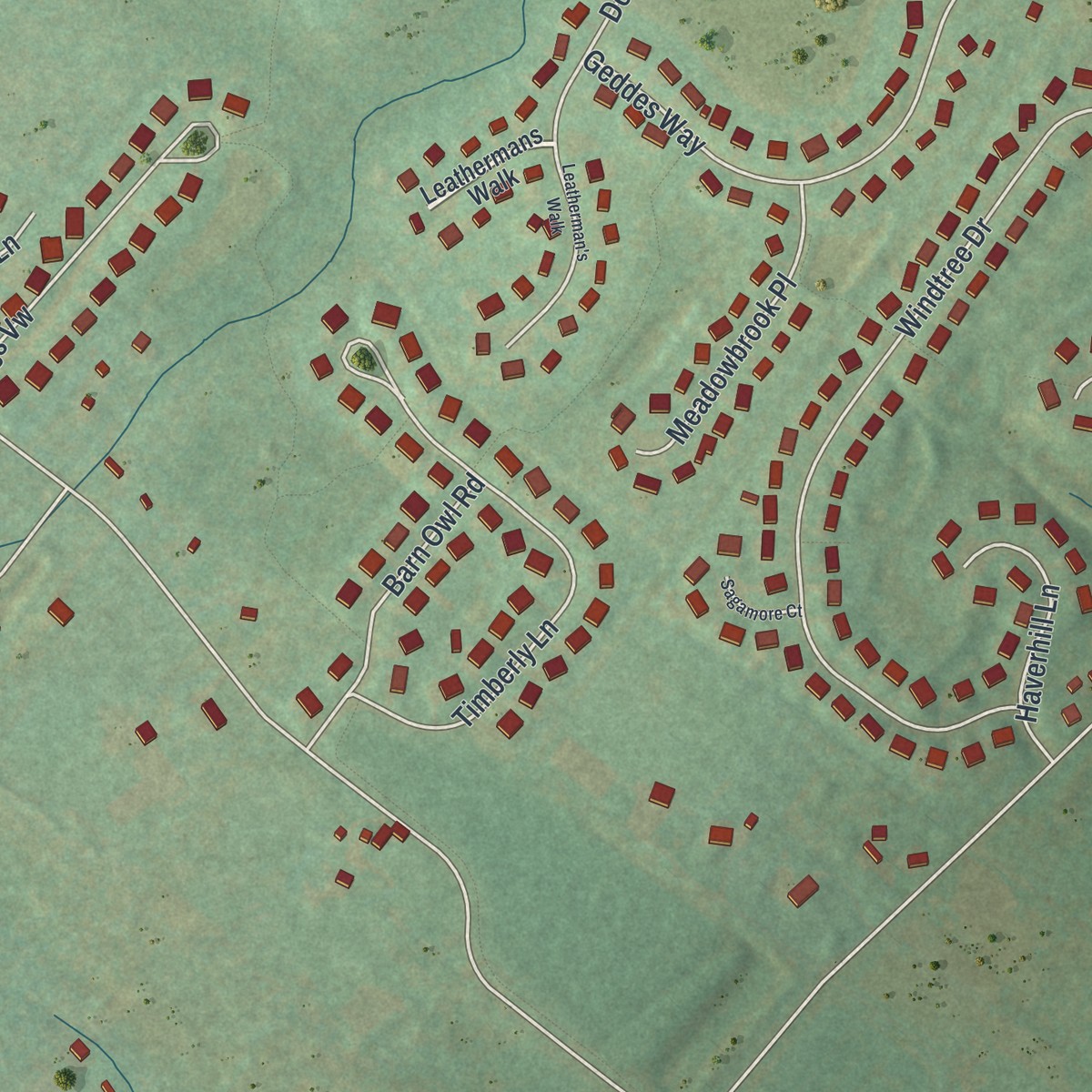 Second close-up of the map of Plumsteadville, Pennsylvania print showing more streets and buildings