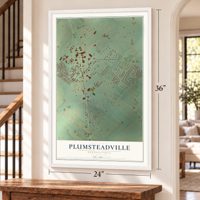 Plumsteadville, Pennsylvania map, 24 x 36 inch print in a white frame by a staircase