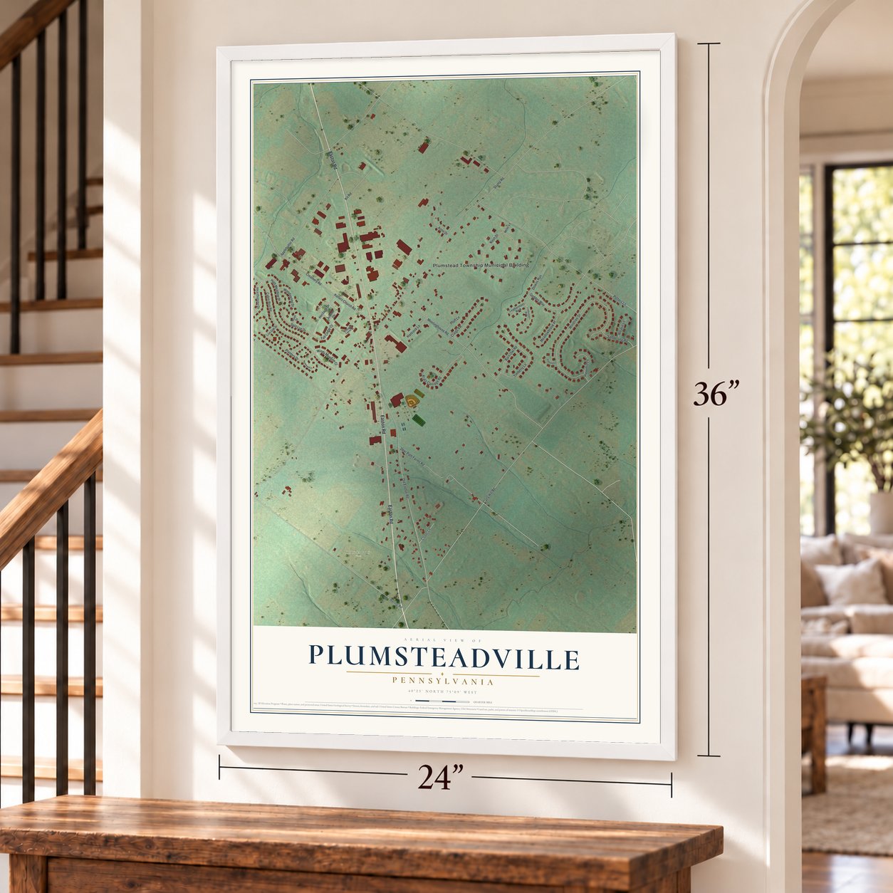 Plumsteadville, Pennsylvania map, 24 x 36 inch print in a white frame by a staircase