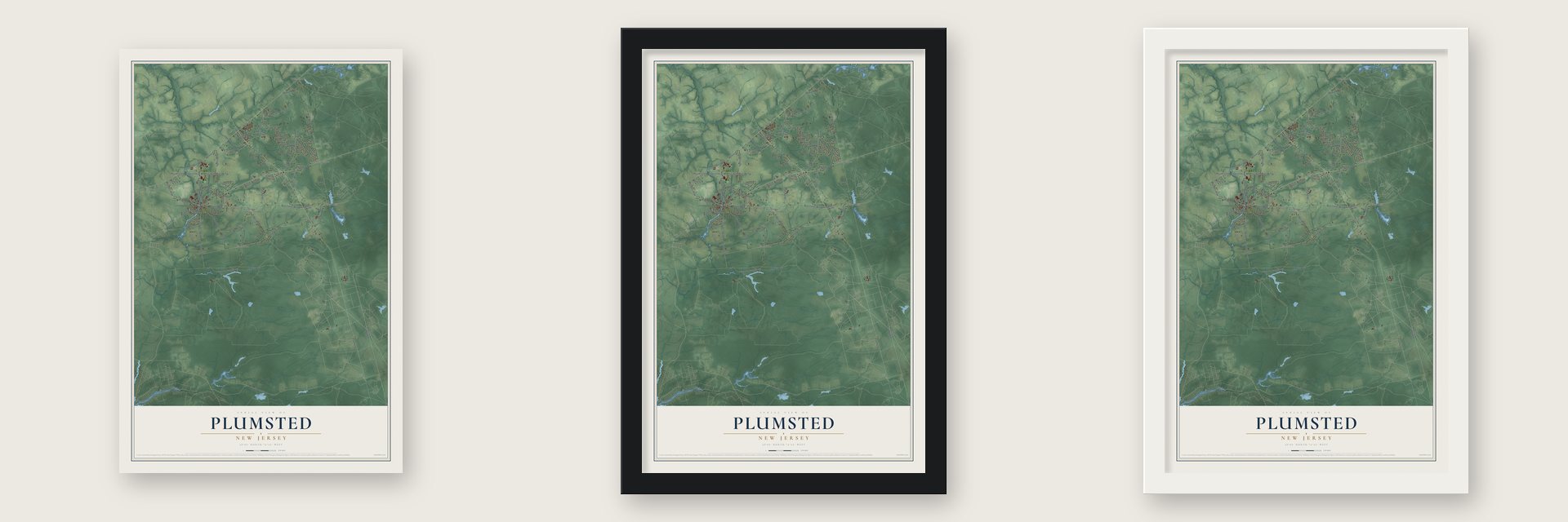 Plumsted, New Jersey map unframed, in a black wood frame and in a white wood frame