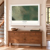 Plush, Oregon map, 24 x 36 inch print in a white frame above a dresser by a staircase