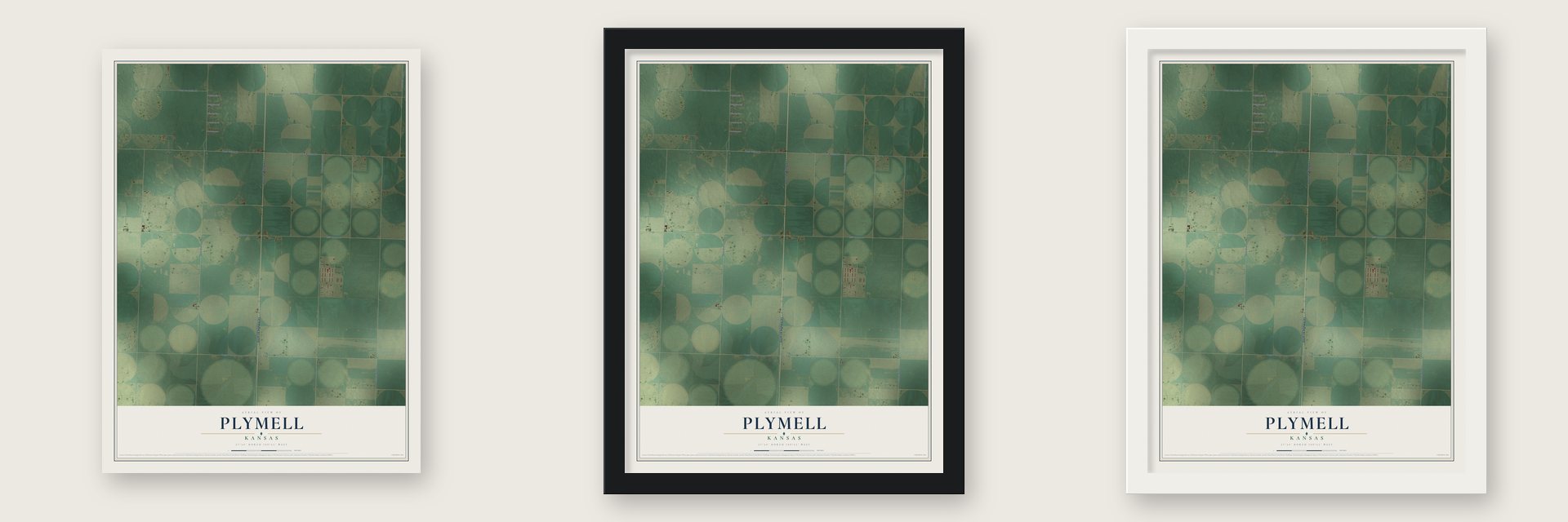Plymell, Kansas map unframed, in a black wood frame and in a white wood frame