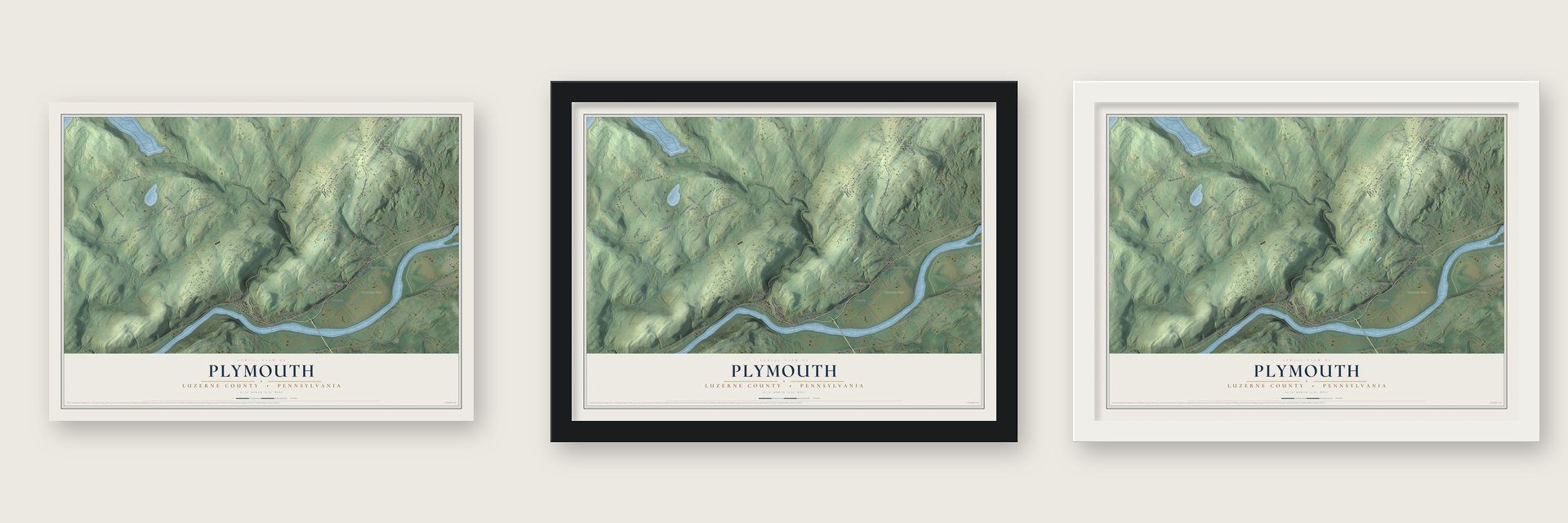 Plymouth, Luzerne County, Pennsylvania map unframed, in a black wood frame and in a white wood frame