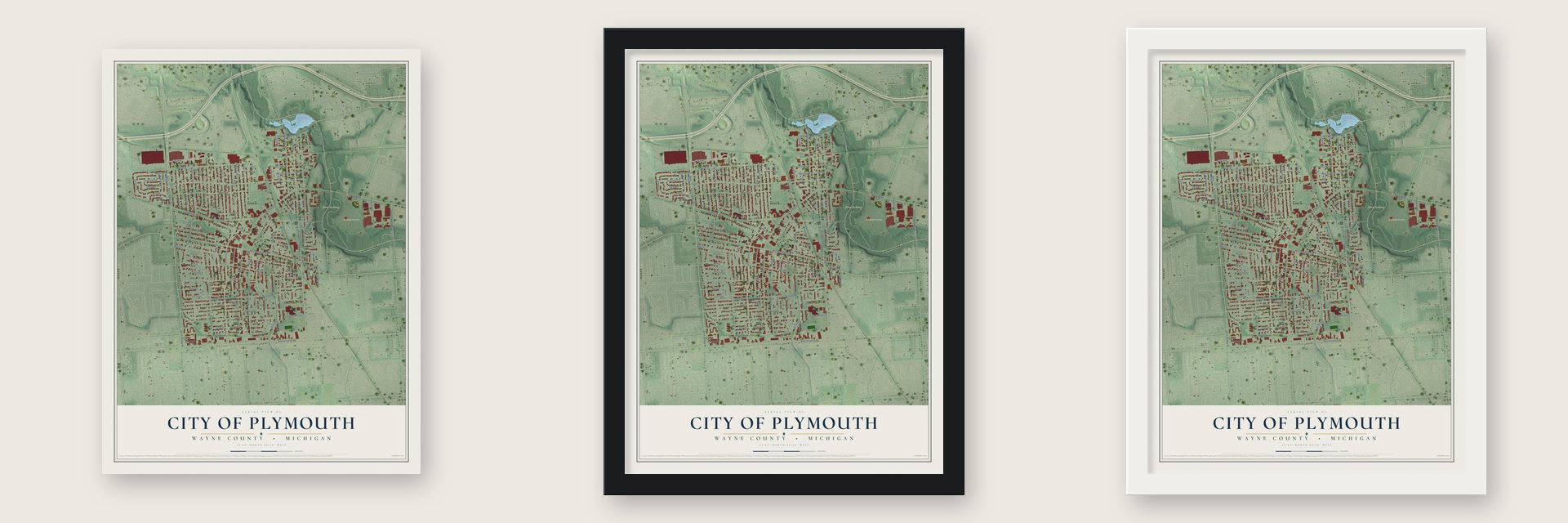Plymouth, Michigan map unframed, in a black wood frame and in a white wood frame