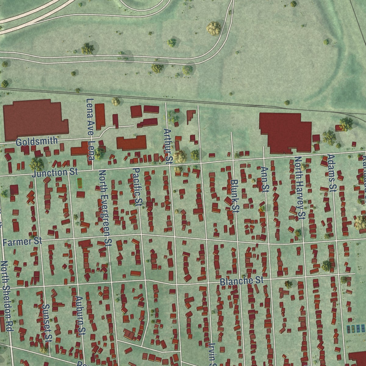 Second close-up of the map of Plymouth, Michigan print showing more streets and buildings