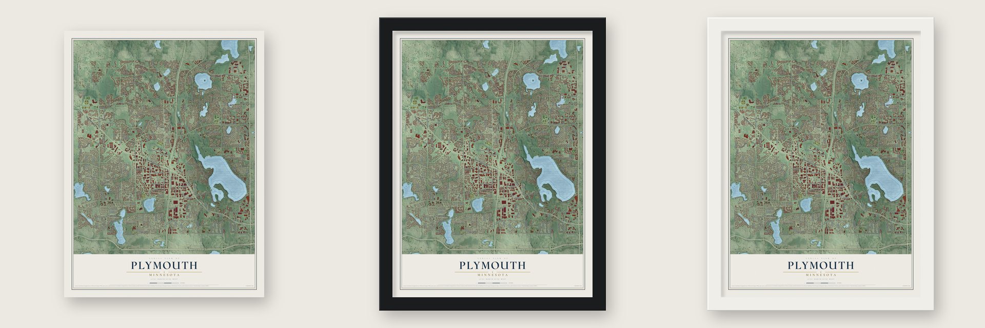 Plymouth, Minnesota map unframed, in a black wood frame and in a white wood frame