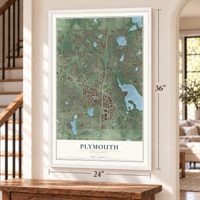Plymouth, Minnesota map, 24 x 36 inch print in a white frame by a staircase