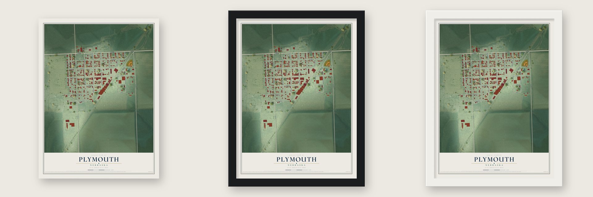 Plymouth, Nebraska map unframed, in a black wood frame and in a white wood frame