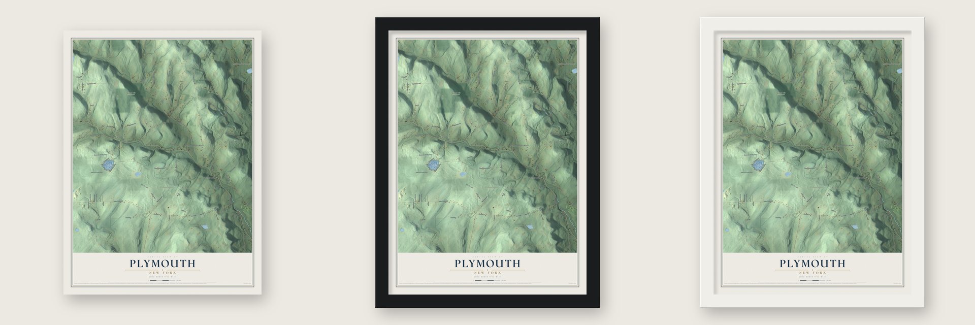 Plymouth, New York map unframed, in a black wood frame and in a white wood frame
