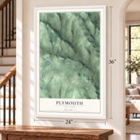 Plymouth, New York map, 24 x 36 inch print in a white frame by a staircase