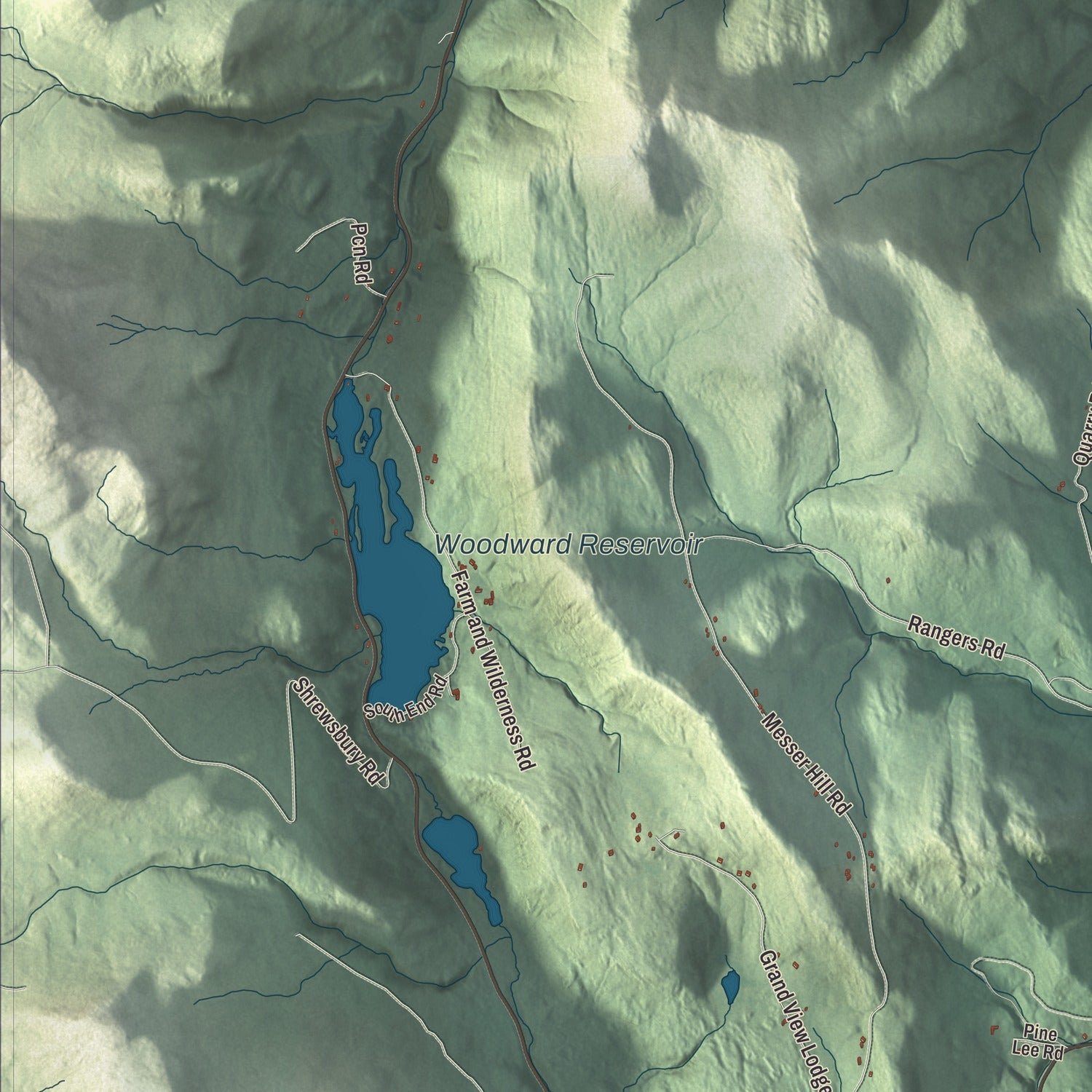 Close-up of the map of Plymouth, Vermont print showing terrain and local geography
