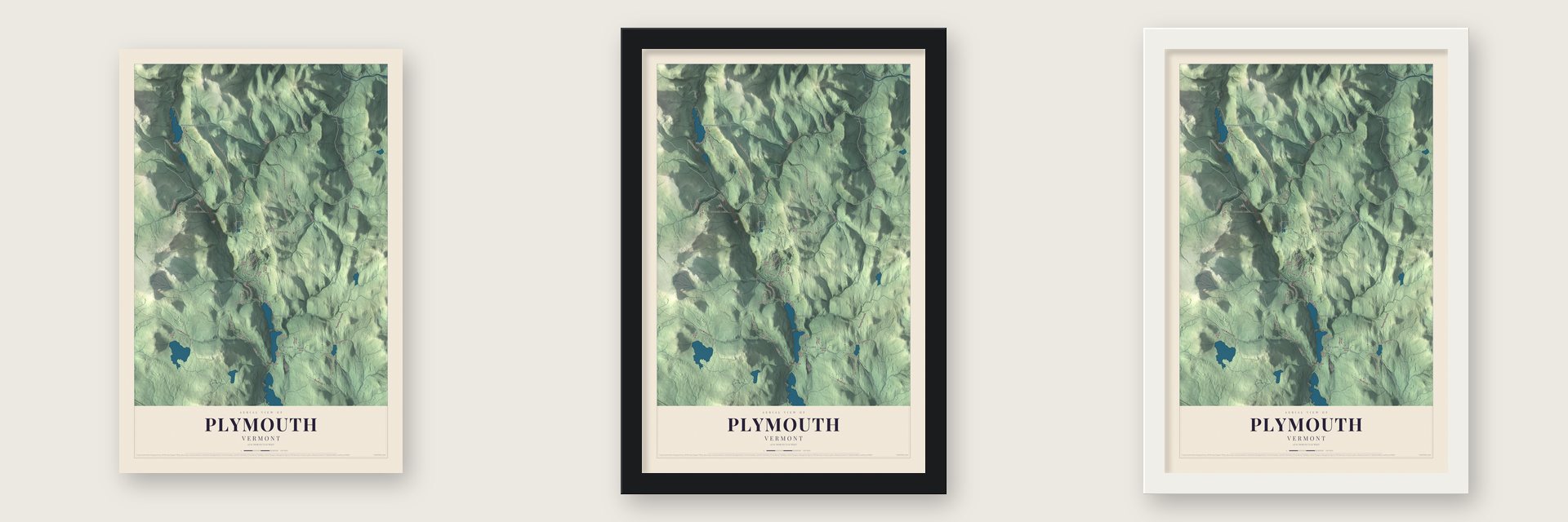 Plymouth, Vermont map unframed, in a black wood frame and in a white wood frame